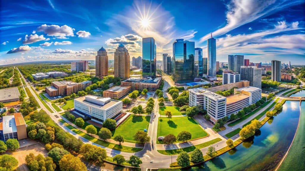 Scenic View of Plano Texas Skyline with Modern Architecture and Clear Blue Sky in Daylight