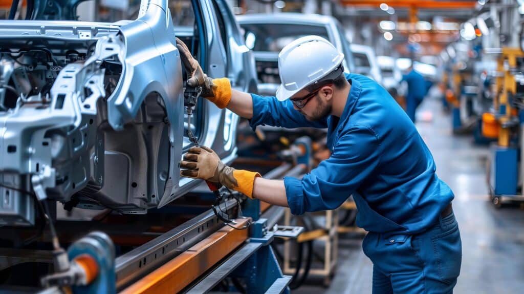 Engineer worker in automotive factory car manufacturing process