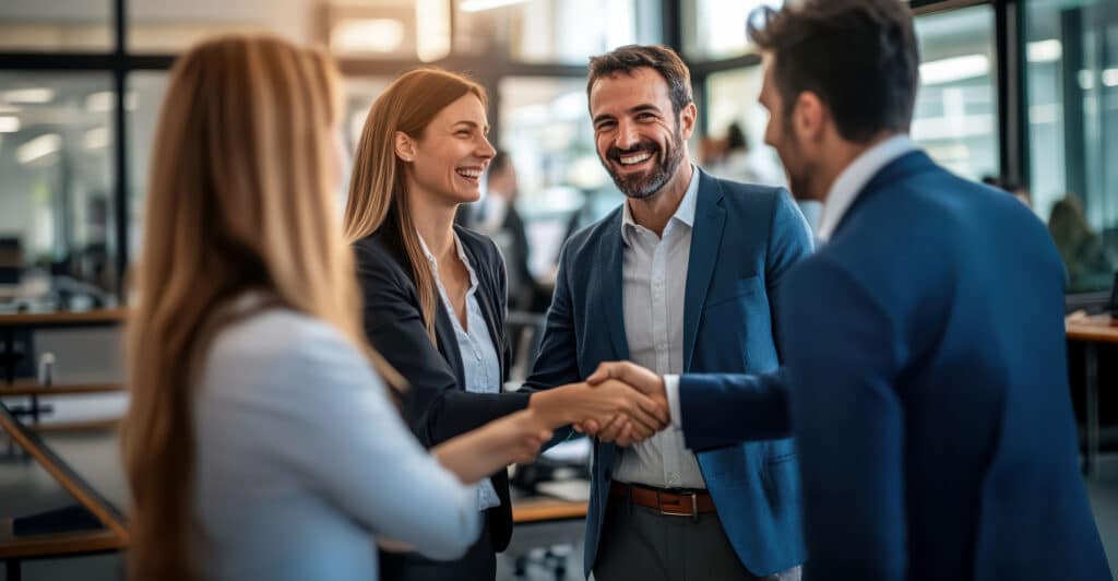 Business professionals meet at a conference, exchanging smiles and handshakes