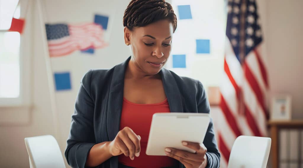 Lifestyle portrait of professional black woman election organizer at candidate office with flags, wearing red white and blue and using tablet to vote for democracy digitally
